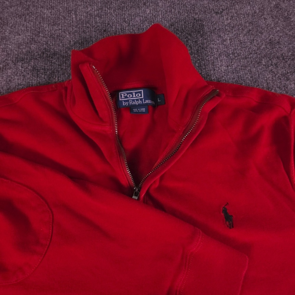 Vintage Polo Ralph Lauren Sweater Mens Large Red 1/4‎ Zip Pullover Elbow Patch